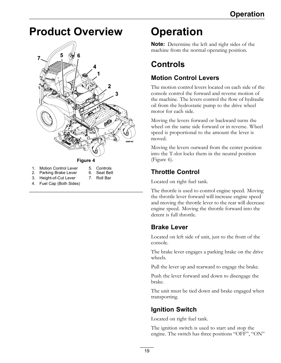 Product overview operation, Controls, Product overview | Operation | Exmark Lazer Z SX Diesel Models 4500-501 Rev A User Manual | Page 19 / 60