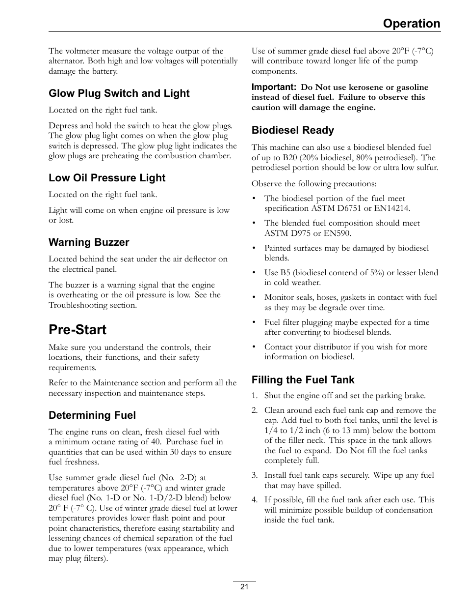 Pre-start, Operation | Exmark Lazer Z SX Diesel Models 4500-501 Rev A User Manual | Page 21 / 60