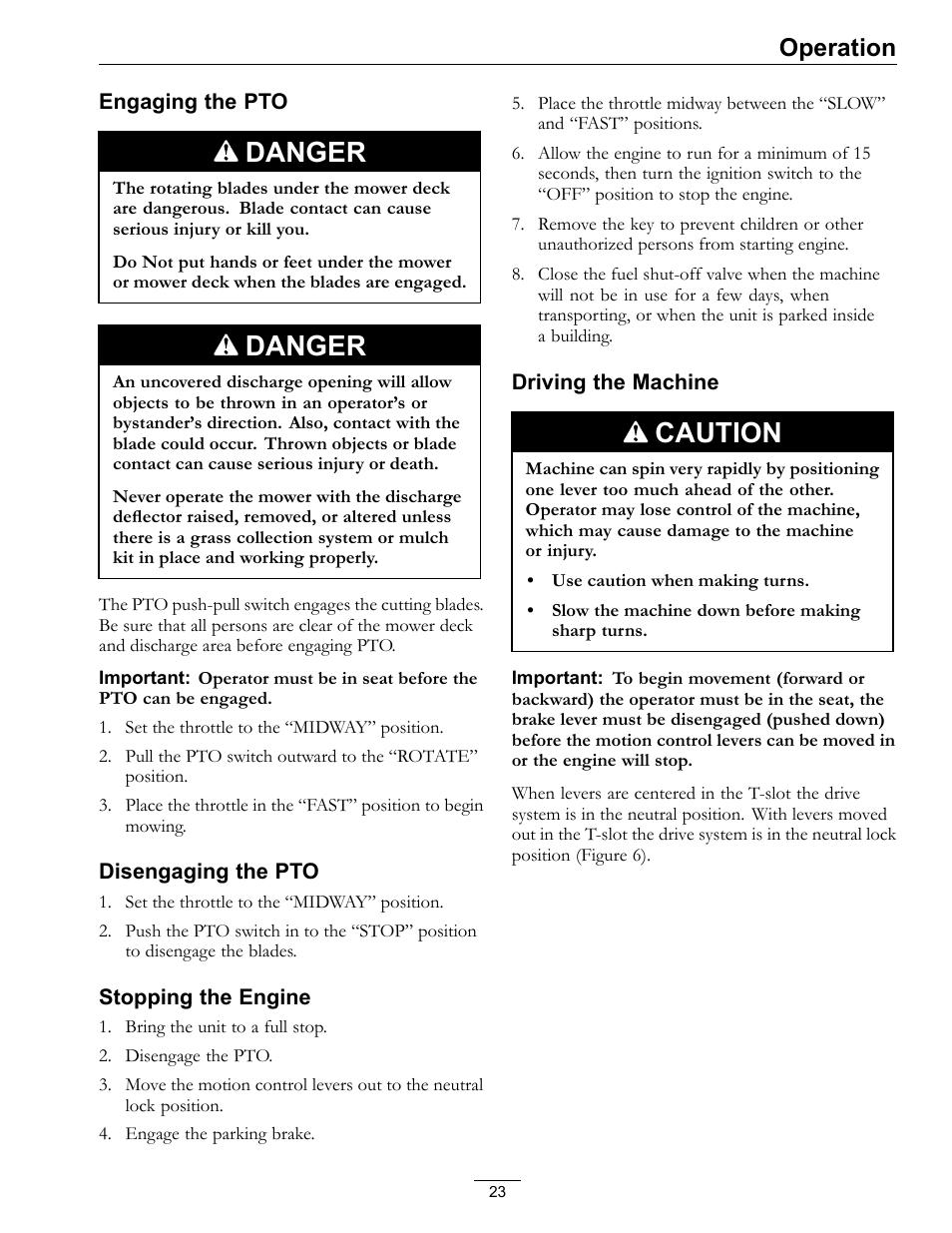 Danger, Caution, Operation | Exmark Lazer Z SX Diesel Models 4500-501 Rev A User Manual | Page 23 / 60