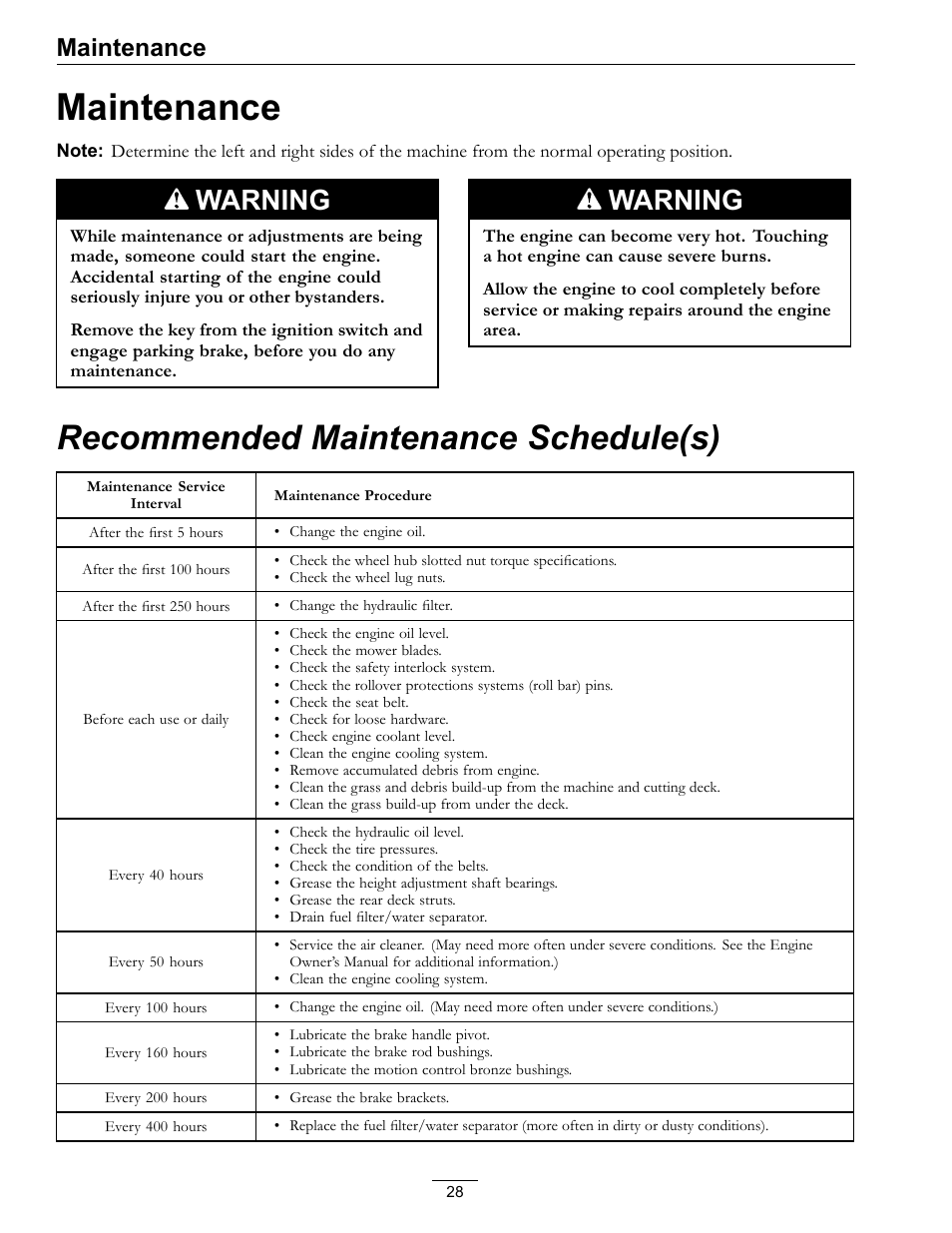 Maintenance, Recommended maintenance schedule(s), Warning | Exmark Lazer Z SX Diesel Models 4500-501 Rev A User Manual | Page 28 / 60