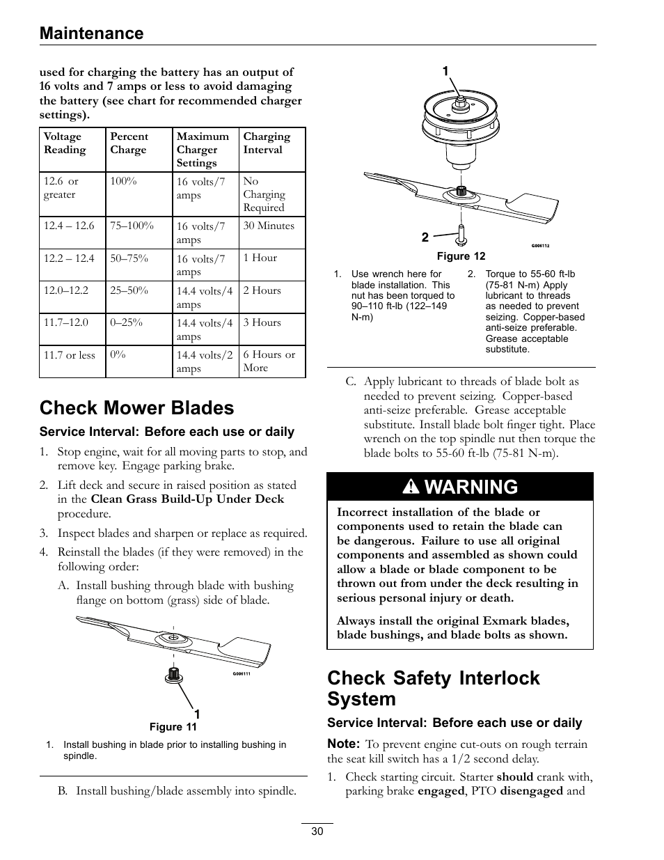 Check mower blades check safety interlock system, Check mower blades, Warning | Check safety interlock system, Maintenance | Exmark Lazer Z SX Diesel Models 4500-501 Rev A User Manual | Page 30 / 60