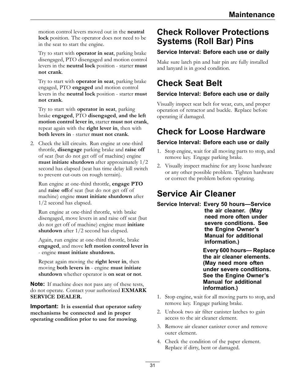 Check rollover protections systems (roll, Bar) pins, Check rollover protections systems (roll bar) pins | Check seat belt, Check for loose hardware, Service air cleaner, Maintenance | Exmark Lazer Z SX Diesel Models 4500-501 Rev A User Manual | Page 31 / 60