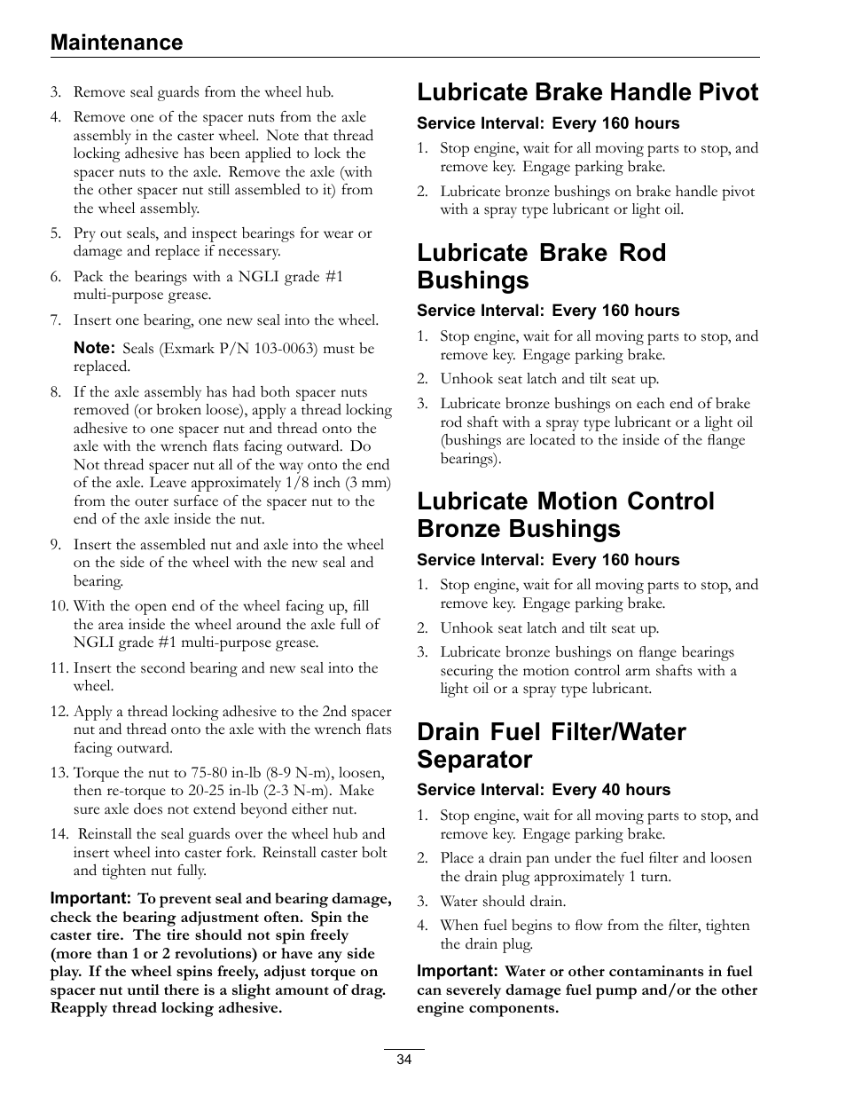 Bushings, Drain fuel filter/water separator, Lubricate brake handle pivot | Lubricate brake rod bushings, Lubricate motion control bronze bushings, Maintenance | Exmark Lazer Z SX Diesel Models 4500-501 Rev A User Manual | Page 34 / 60