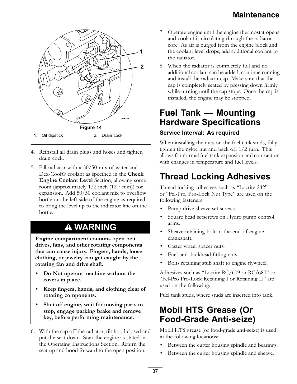 Anti-seize), Warning, Fuel tank — mounting hardware specifications | Thread locking adhesives, Mobil hts grease (or food-grade anti-seize), Maintenance | Exmark Lazer Z SX Diesel Models 4500-501 Rev A User Manual | Page 37 / 60