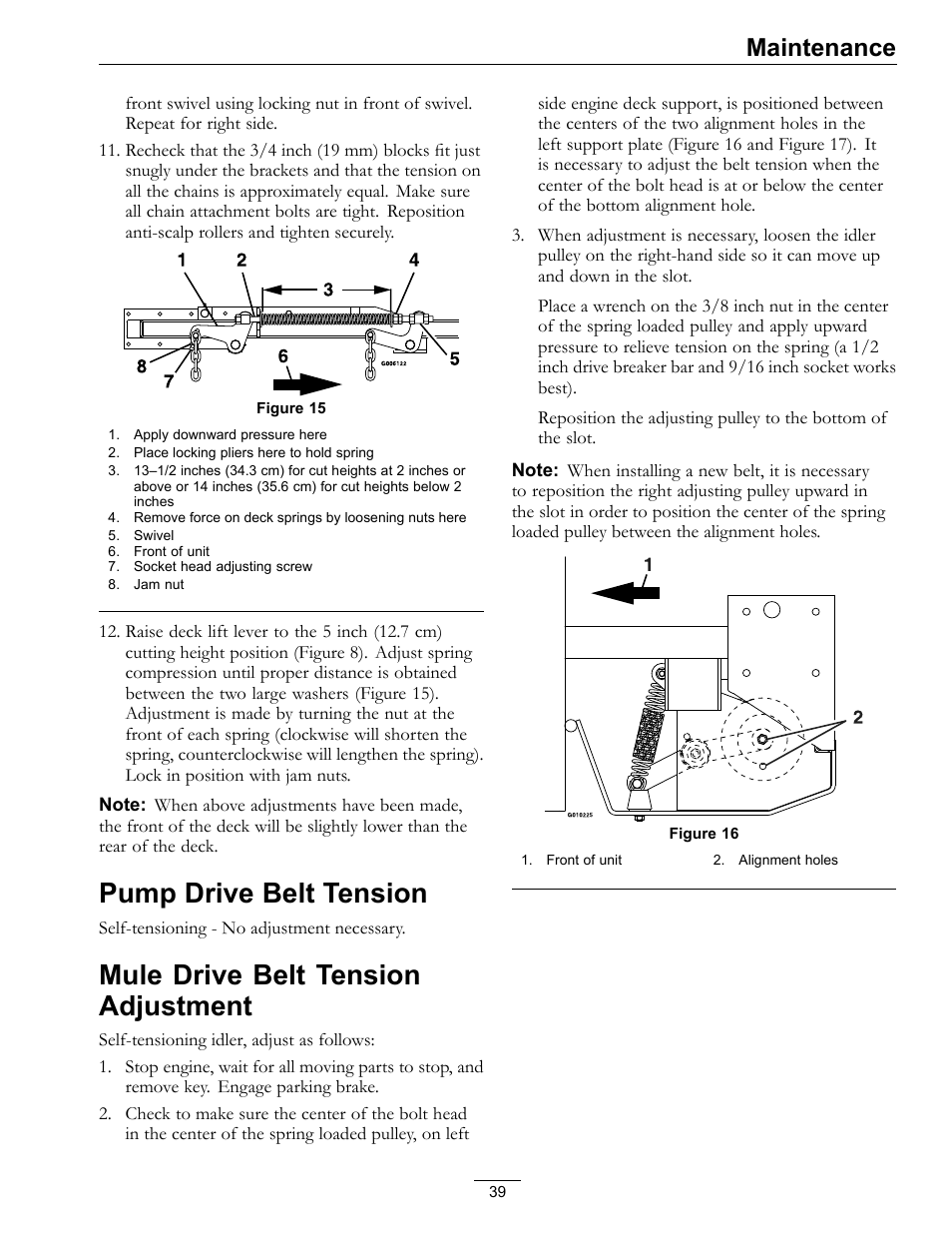 Pump drive belt tension, Mule drive belt tension adjustment, Maintenance | Exmark Lazer Z SX Diesel Models 4500-501 Rev A User Manual | Page 39 / 60