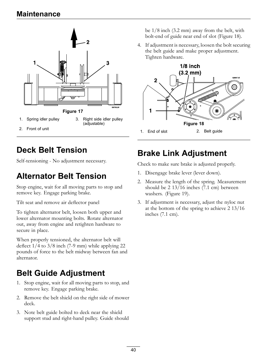 Deck belt tension, Figure 17, Alternator belt tension | Belt guide adjustment, Brake link adjustment, Maintenance | Exmark Lazer Z SX Diesel Models 4500-501 Rev A User Manual | Page 40 / 60