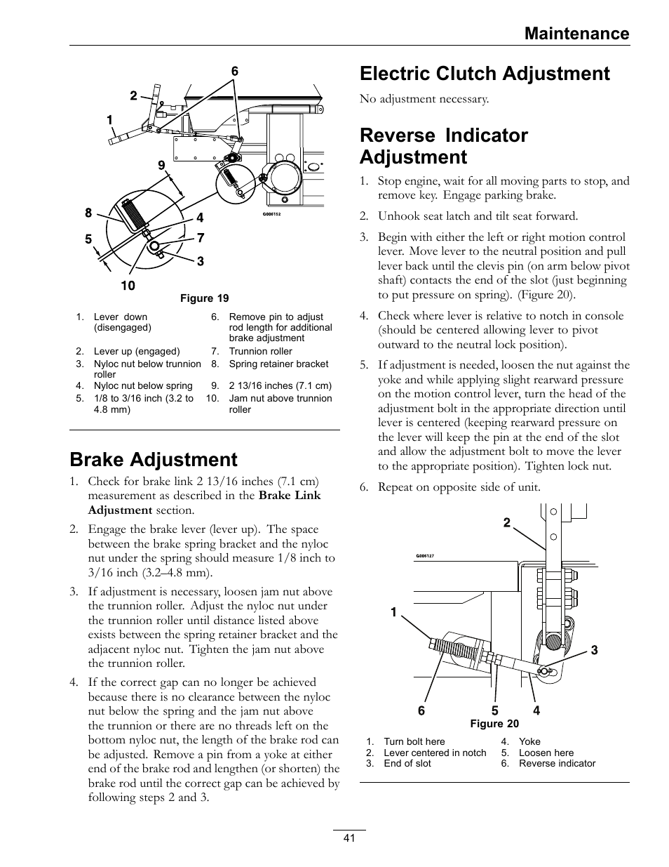 Brake adjustment, Electric clutch adjustment, Reverse indicator adjustment | Maintenance | Exmark Lazer Z SX Diesel Models 4500-501 Rev A User Manual | Page 41 / 60