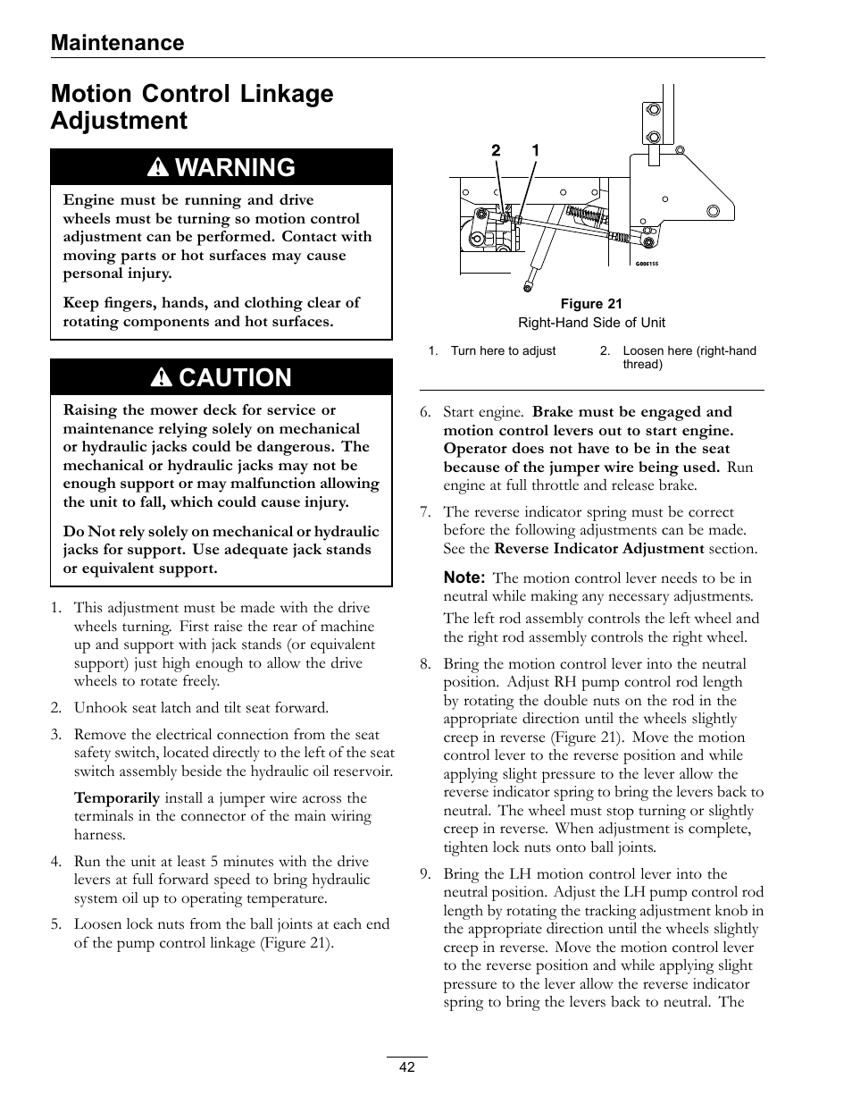 Motion control linkage adjustment, Motion control linkage adjustment warning, Caution | Maintenance | Exmark Lazer Z SX Diesel Models 4500-501 Rev A User Manual | Page 42 / 60