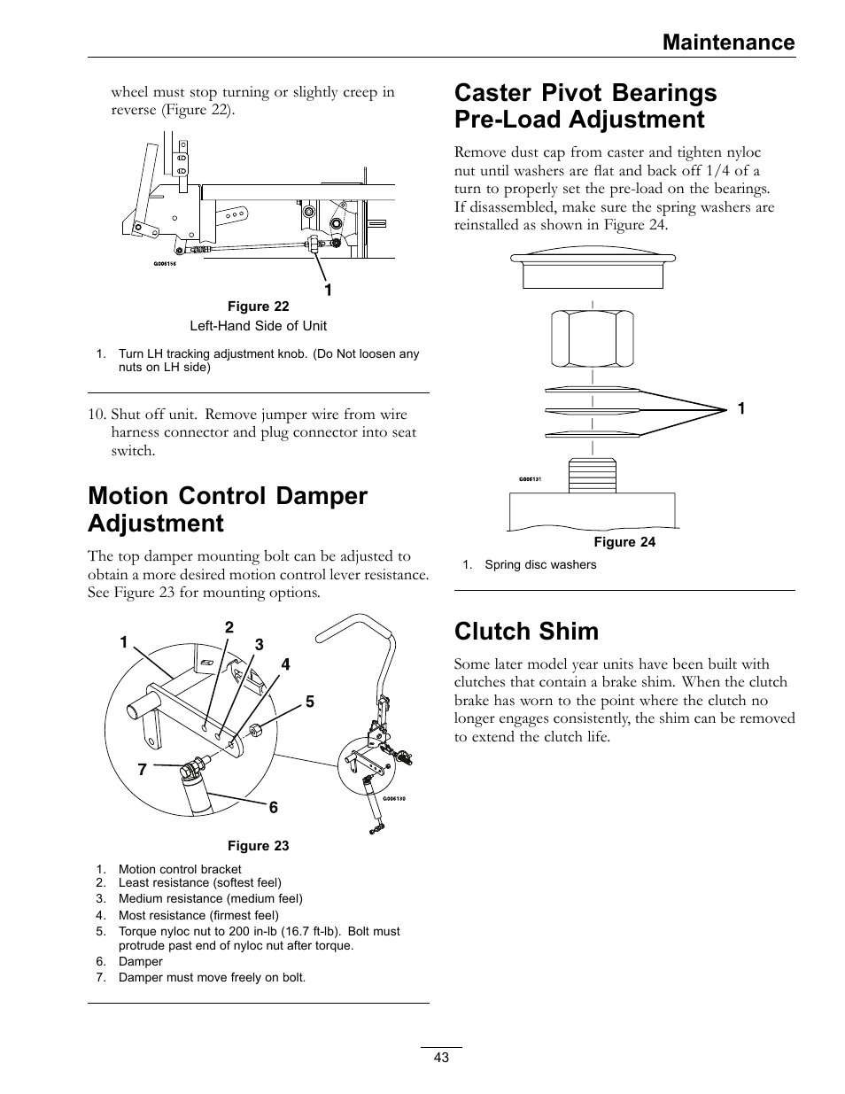 Adjustment, Clutch shim, Motion control damper adjustment | Caster pivot bearings pre-load adjustment, Maintenance | Exmark Lazer Z SX Diesel Models 4500-501 Rev A User Manual | Page 43 / 60