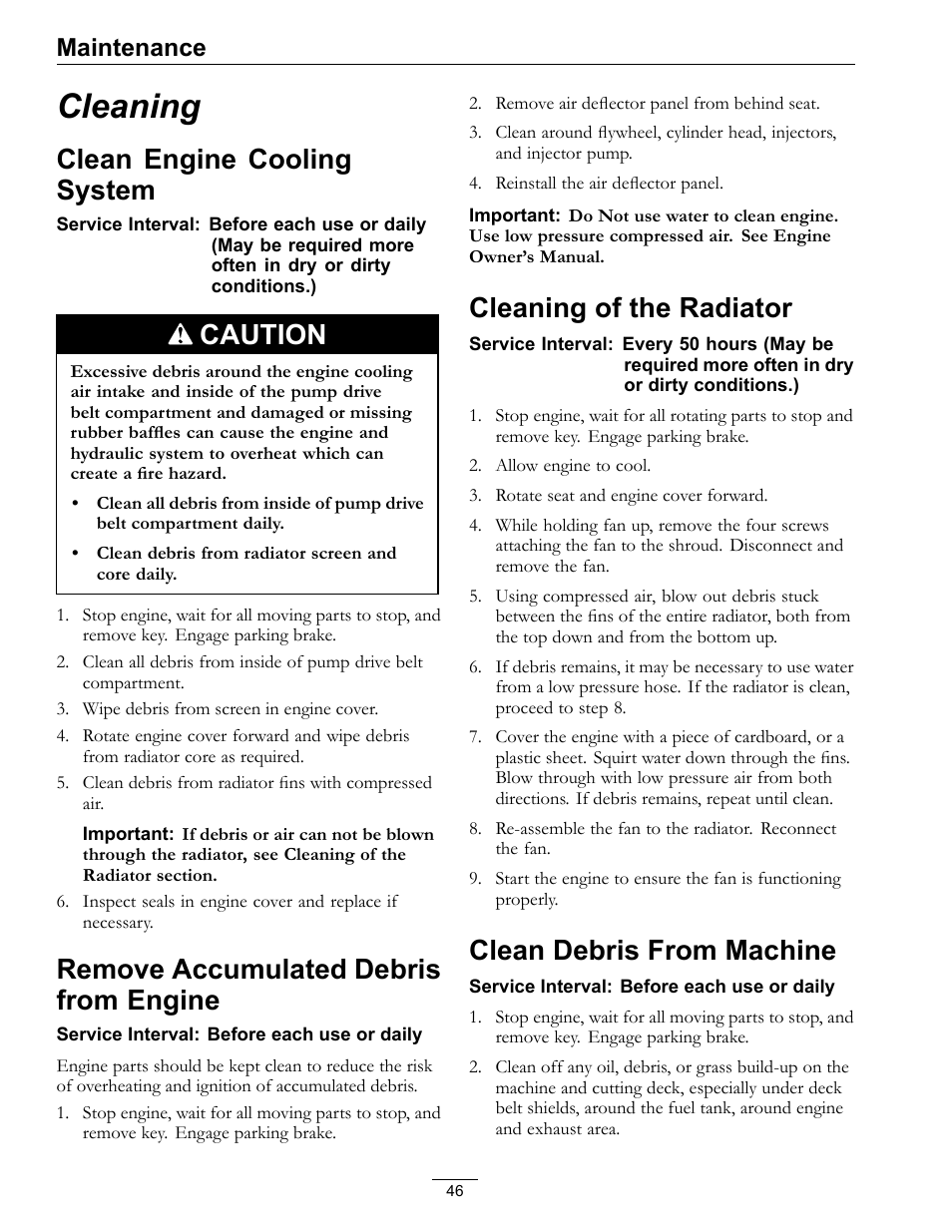 Cleaning, Cleaning of the radiator clean debris from machine, Clean engine cooling system | Caution, Remove accumulated debris from engine, Cleaning of the radiator, Clean debris from machine, Maintenance | Exmark Lazer Z SX Diesel Models 4500-501 Rev A User Manual | Page 46 / 60