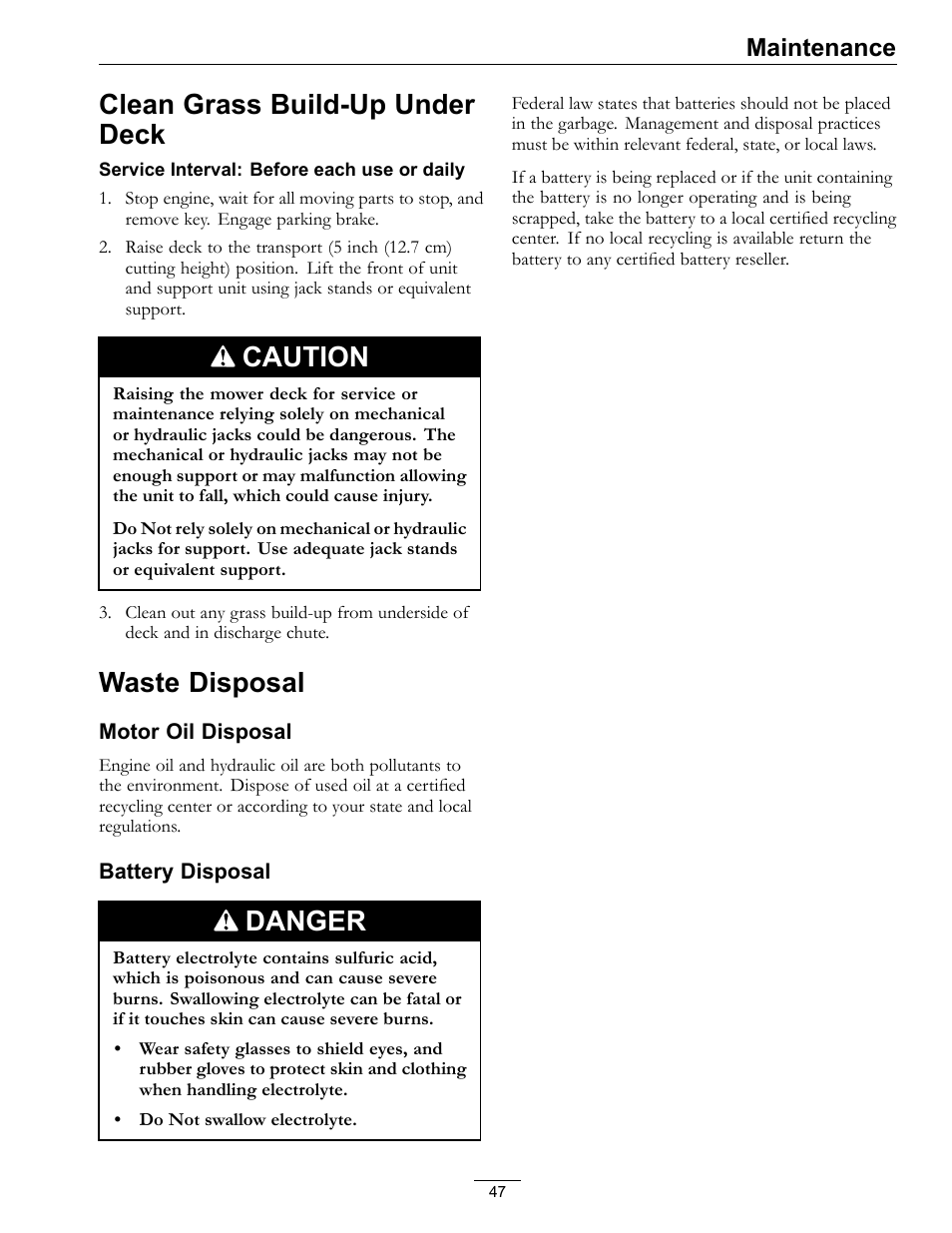 Clean grass build-up under deck waste disposal, Clean grass build-up under deck, Caution | Waste disposal, Danger, Maintenance | Exmark Lazer Z SX Diesel Models 4500-501 Rev A User Manual | Page 47 / 60