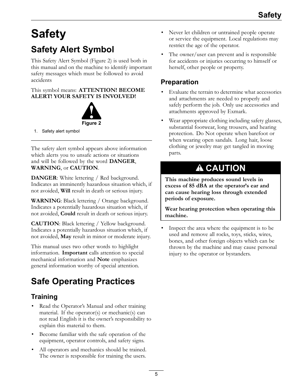 Safety, Safety alert symbol safe operating practices, Safety alert symbol | Safe operating practices, Caution | Exmark Lazer Z SX Diesel Models 4500-501 Rev A User Manual | Page 5 / 60