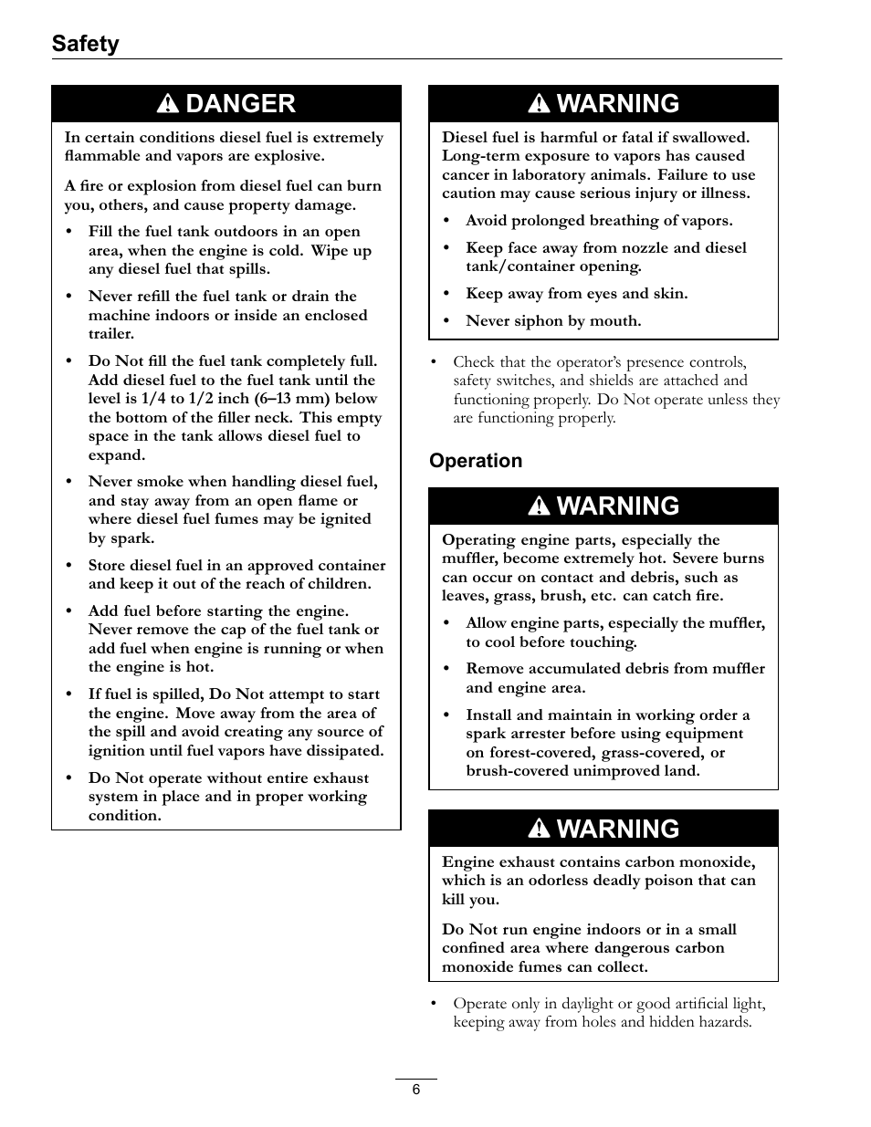 Danger, Warning, Safety | Exmark Lazer Z SX Diesel Models 4500-501 Rev A User Manual | Page 6 / 60