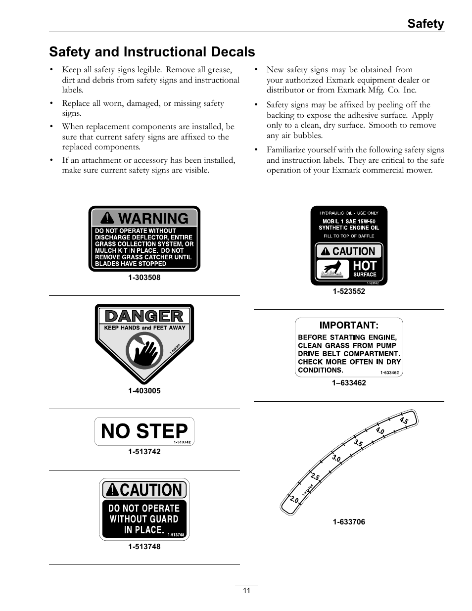 Safety and instructional decals, Safety | Exmark LZ27KC604 User Manual | Page 11 / 48