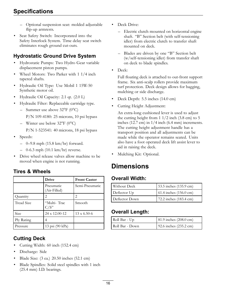 Dimensions, Specifications | Exmark LZ27KC604 User Manual | Page 16 / 48