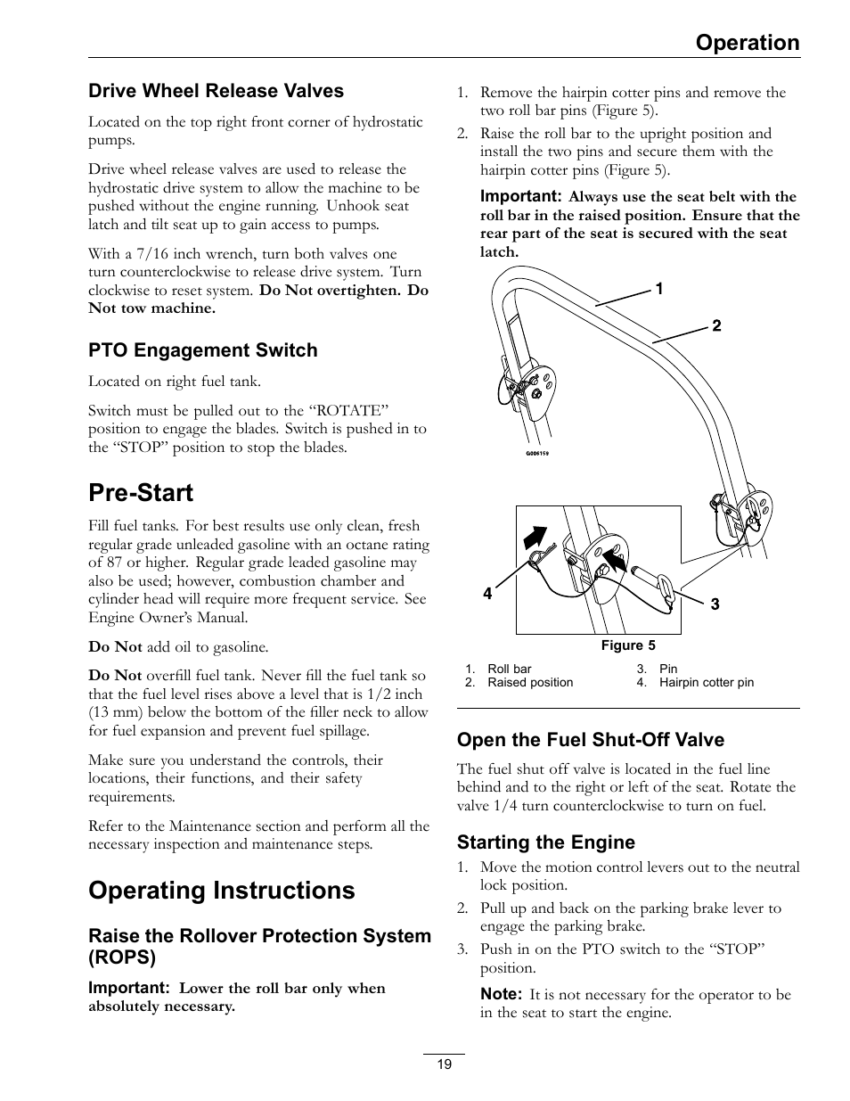 Pre-start operating instructions, Pre-start, Operating instructions | Operation | Exmark LZ27KC604 User Manual | Page 19 / 48