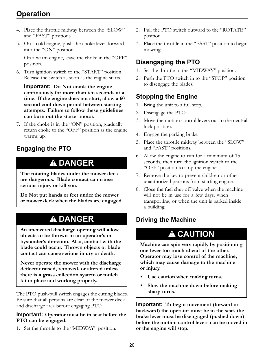 Danger, Caution, Operation | Exmark LZ27KC604 User Manual | Page 20 / 48