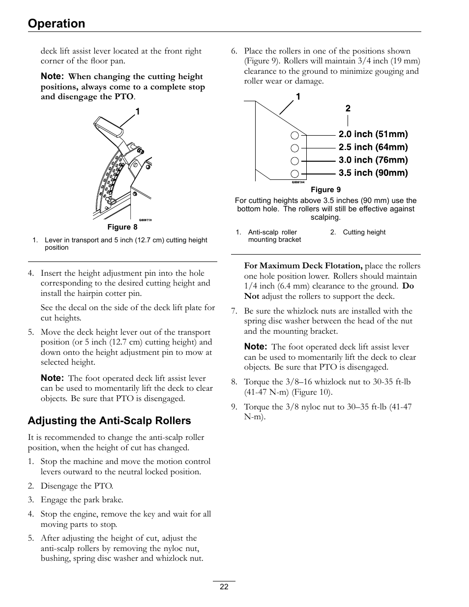 Operation, Adjusting the anti-scalp rollers | Exmark LZ27KC604 User Manual | Page 22 / 48