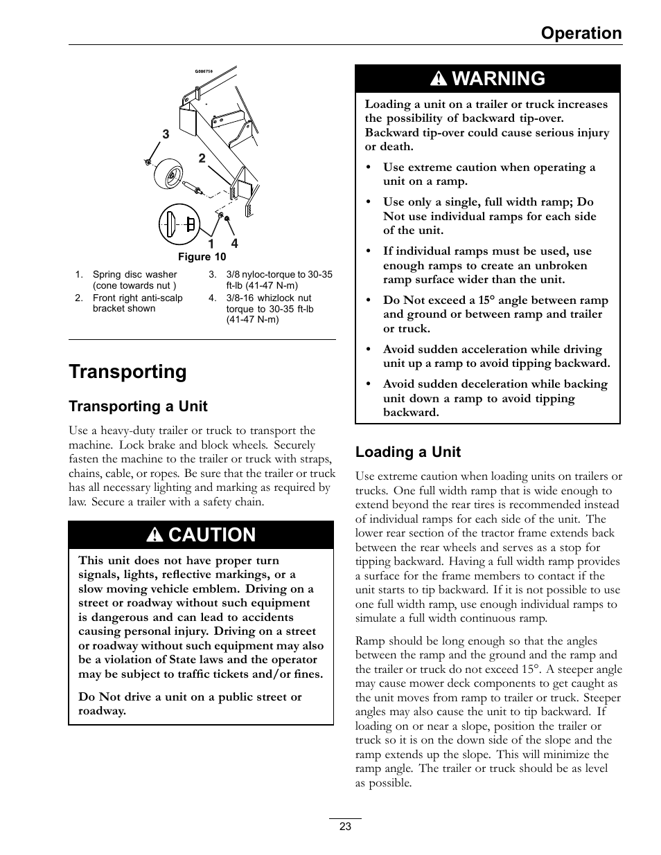 Transporting, Caution, Warning | Operation | Exmark LZ27KC604 User Manual | Page 23 / 48