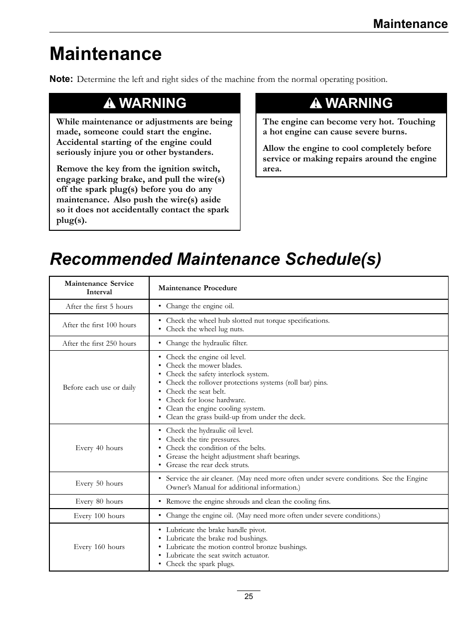 Maintenance, Recommended maintenance schedule(s), Warning | Exmark LZ27KC604 User Manual | Page 25 / 48