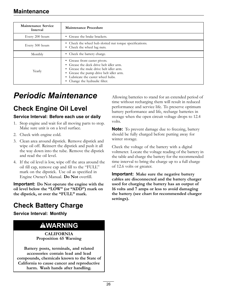 Periodic maintenance, Check engine oil level check battery charge, Check engine oil level | Check battery charge, Warning, Maintenance | Exmark LZ27KC604 User Manual | Page 26 / 48