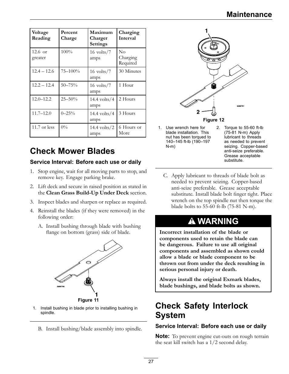 Check mower blades check safety interlock system, Check mower blades, Warning | Check safety interlock system, Maintenance | Exmark LZ27KC604 User Manual | Page 27 / 48