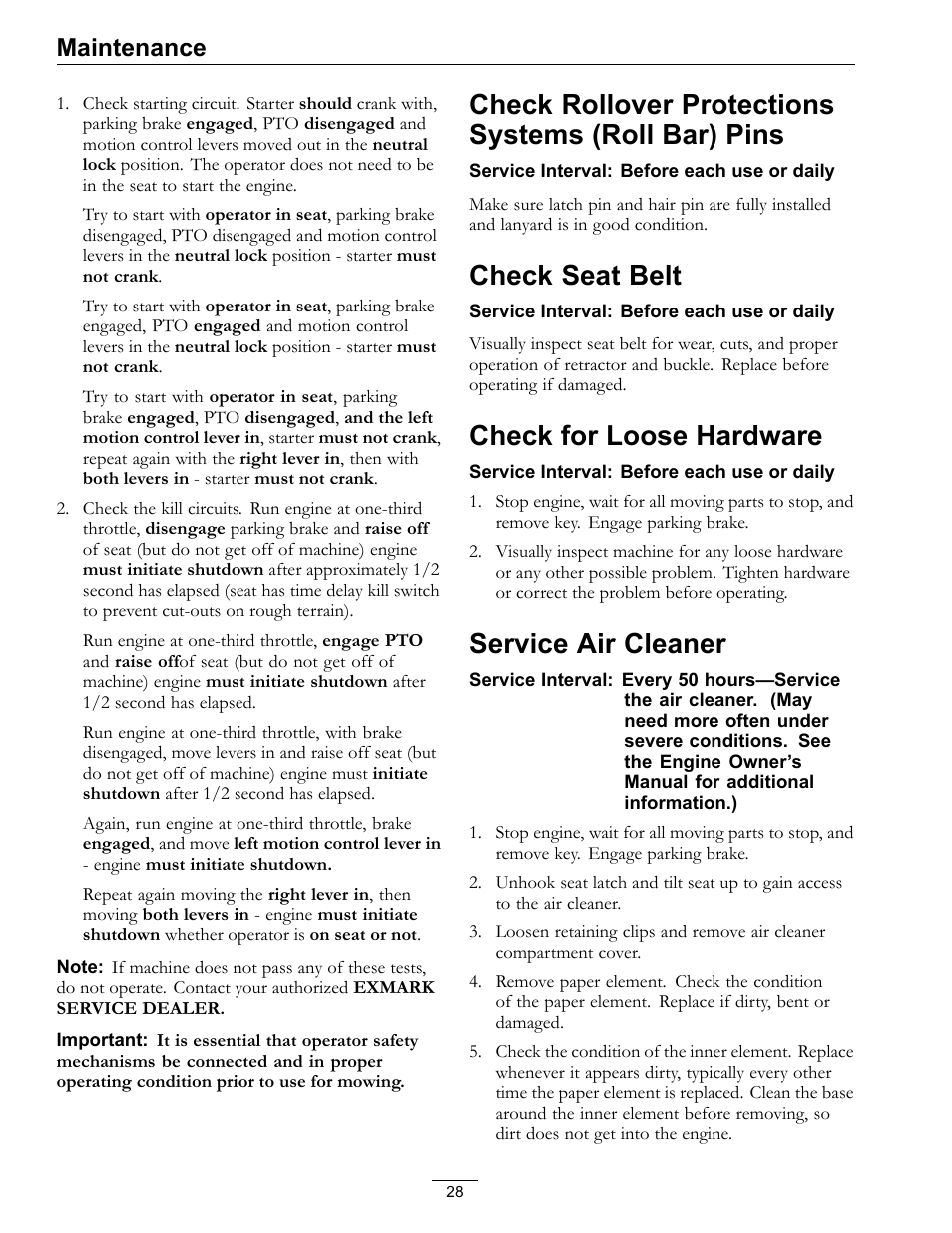 Check rollover protections systems (roll, Bar) pins, Check rollover protections systems (roll bar) pins | Check seat belt, Check for loose hardware, Service air cleaner, Maintenance | Exmark LZ27KC604 User Manual | Page 28 / 48