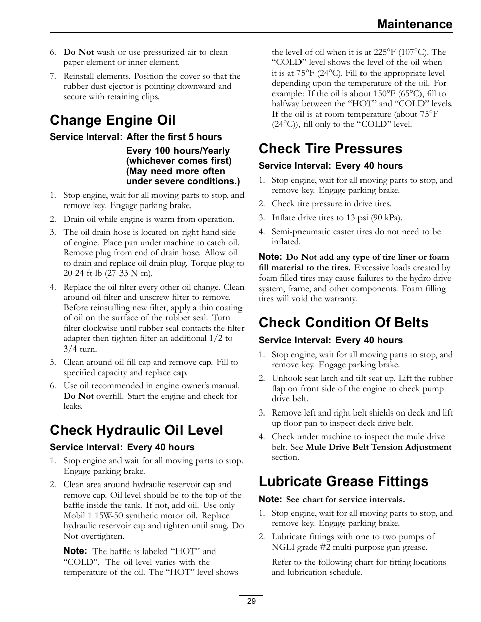 Change engine oil, Check hydraulic oil level, Check tire pressures | Check condition of belts, Lubricate grease fittings, Maintenance | Exmark LZ27KC604 User Manual | Page 29 / 48