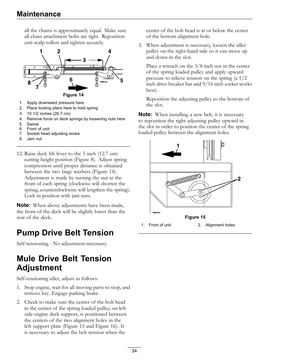 Pump drive belt tension, Mule drive belt tension adjustment, Maintenance | Exmark LZ27KC604 User Manual | Page 34 / 48