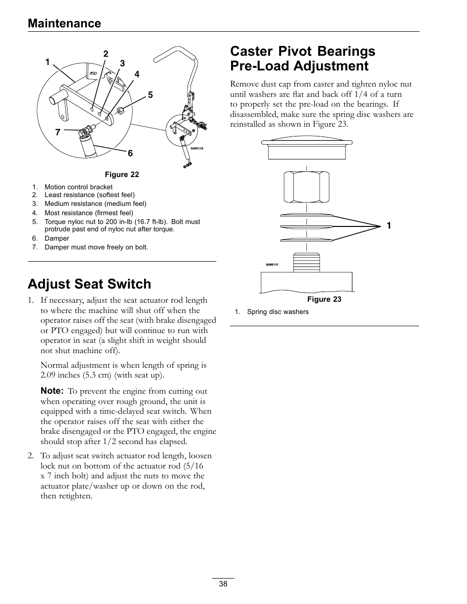 Adjust seat switch caster pivot bearings pre-load, Adjustment, Figure 22 | Adjust seat switch, Caster pivot bearings pre-load adjustment, Maintenance | Exmark LZ27KC604 User Manual | Page 38 / 48