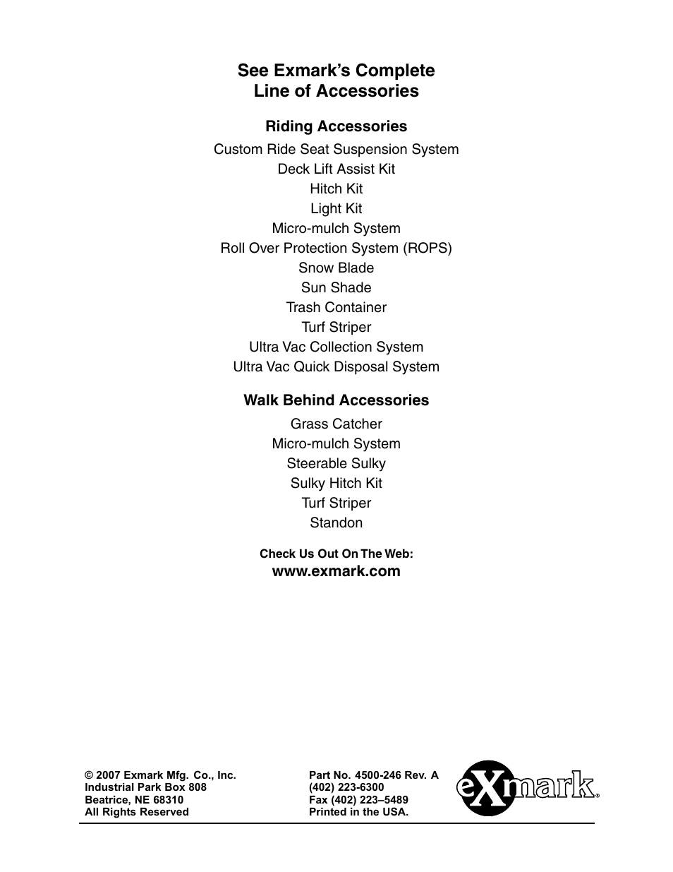See exmark’s complete line of accessories | Exmark LZ27KC604 User Manual | Page 48 / 48