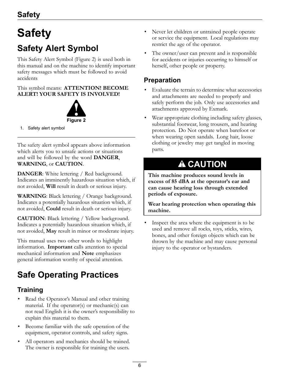Safety, Safety alert symbol safe operating practices, Safety alert symbol | Safe operating practices, Caution | Exmark LZ27KC604 User Manual | Page 6 / 48