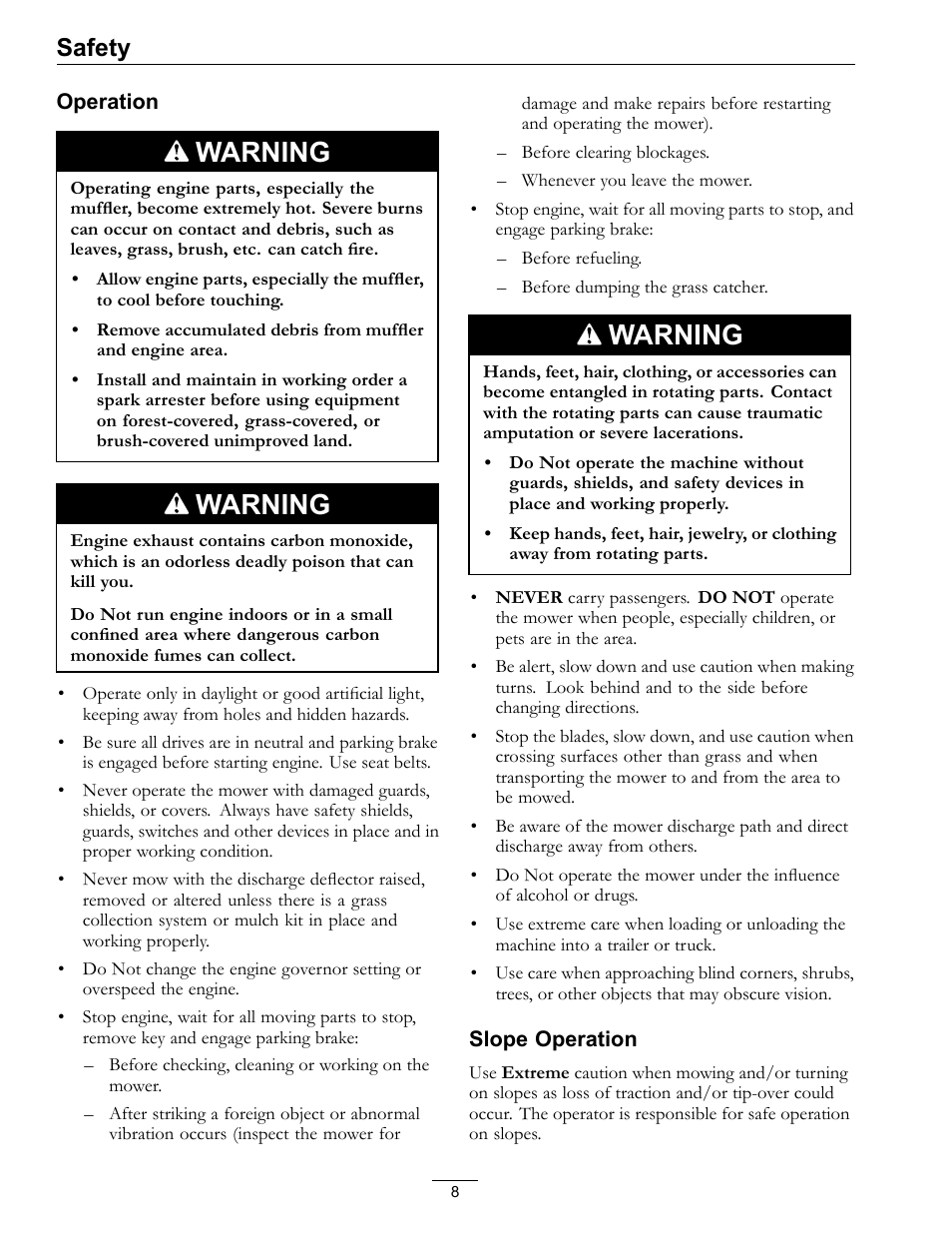 Warning, Safety | Exmark LZ27KC604 User Manual | Page 8 / 48