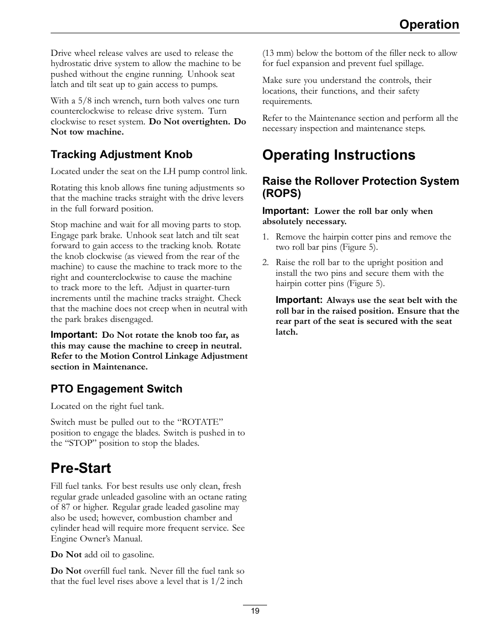 Pre-start operating instructions, Pre-start, Operating instructions | Operation | Exmark Lazer Z HP 565 User Manual | Page 19 / 48