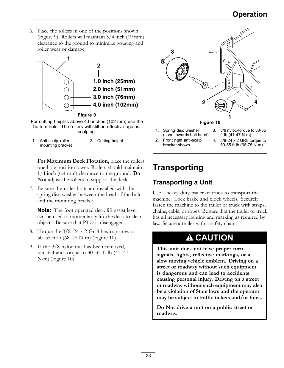 Transporting, Caution, Operation | Transporting a unit | Exmark Lazer Z HP 565 User Manual | Page 23 / 48