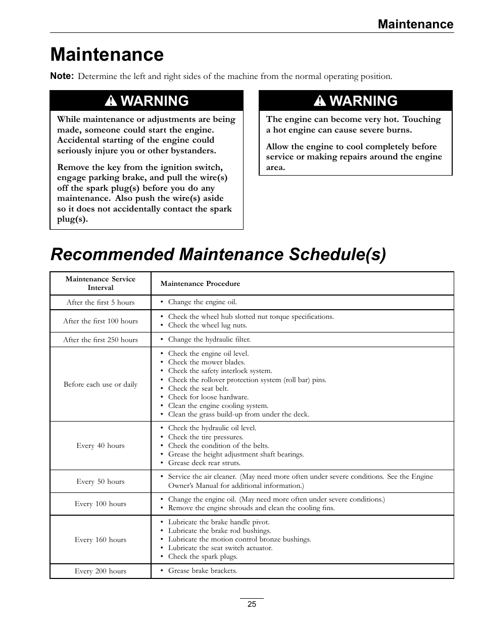 Maintenance, Recommended maintenance schedule(s), Warning | Exmark Lazer Z HP 565 User Manual | Page 25 / 48