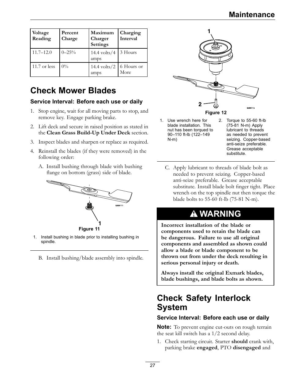 Check mower blades check safety interlock system, Check mower blades, Warning | Check safety interlock system, Maintenance | Exmark Lazer Z HP 565 User Manual | Page 27 / 48