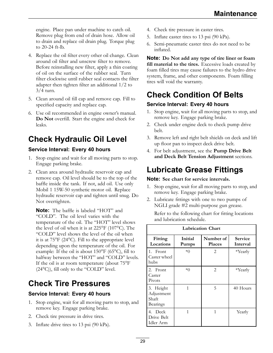 Check hydraulic oil level, Check tire pressures, Check condition of belts | Lubricate grease fittings, Maintenance | Exmark Lazer Z HP 565 User Manual | Page 29 / 48