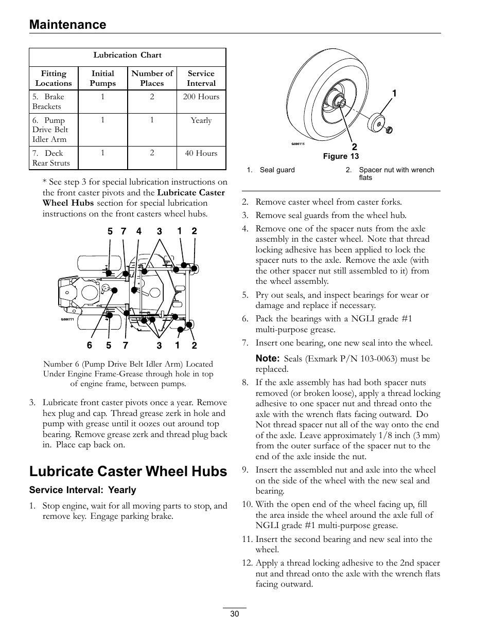 Lubricate caster wheel hubs, Maintenance | Exmark Lazer Z HP 565 User Manual | Page 30 / 48