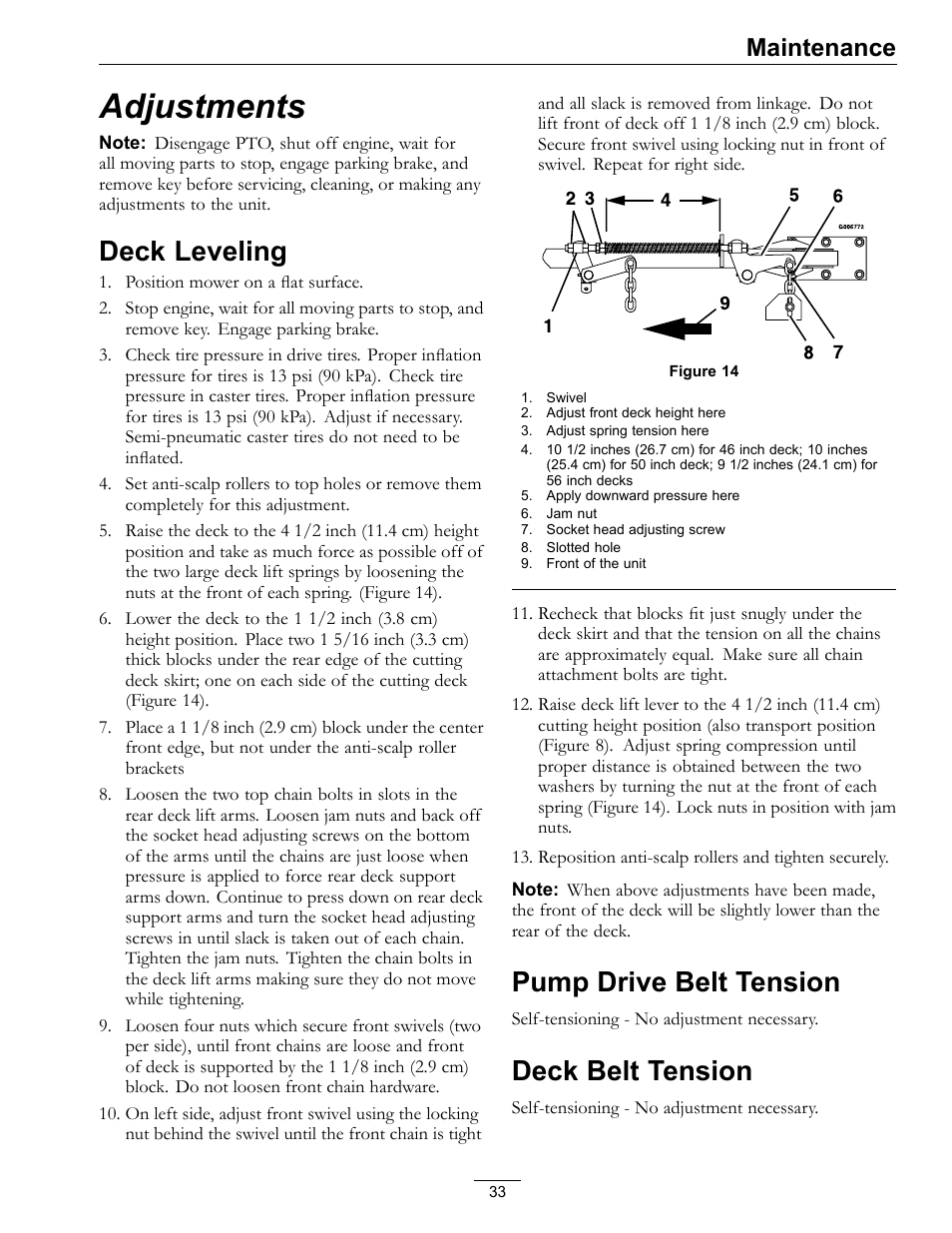 Adjustments, Deck leveling pump drive belt tension, Deck belt tension | Deck leveling, Pump drive belt tension, Maintenance | Exmark Lazer Z HP 565 User Manual | Page 33 / 48