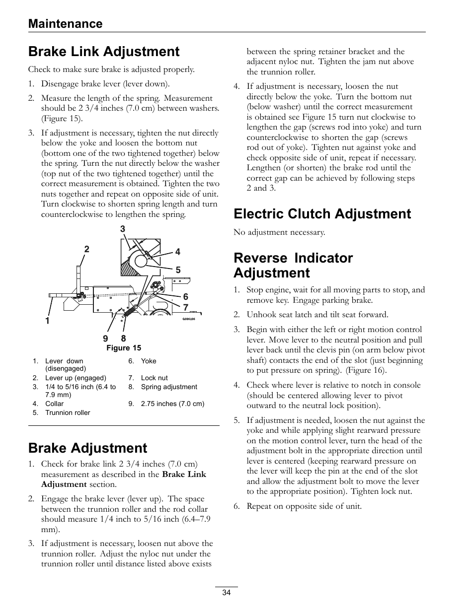 Brake link adjustment, Brake adjustment, Electric clutch adjustment | Reverse indicator adjustment, Maintenance | Exmark Lazer Z HP 565 User Manual | Page 34 / 48