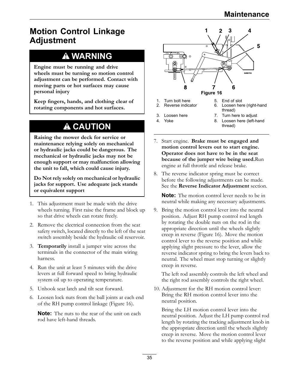 Motion control linkage adjustment, Figure 16, Motion control linkage adjustment warning | Caution, Maintenance | Exmark Lazer Z HP 565 User Manual | Page 35 / 48