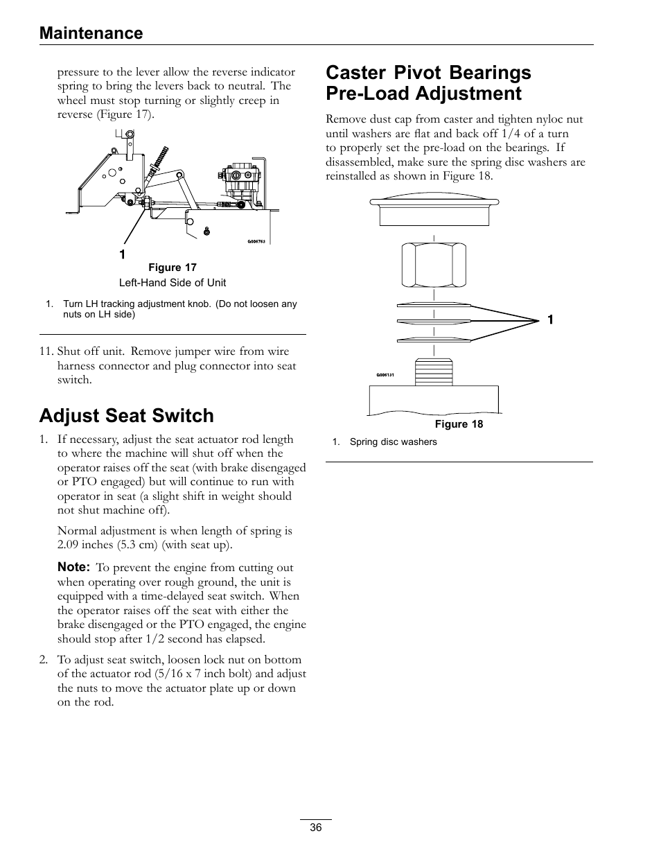 Adjust seat switch caster pivot bearings pre-load, Adjustment, Adjust seat switch | Caster pivot bearings pre-load adjustment, Maintenance | Exmark Lazer Z HP 565 User Manual | Page 36 / 48