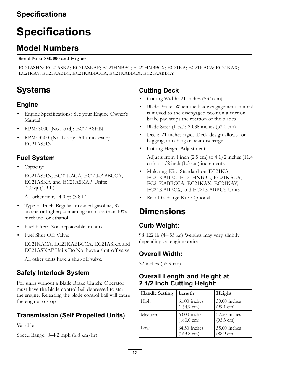 Specifications, Model numbers systems dimensions, Model numbers | Systems, Dimensions | Exmark Commercial 21 850 User Manual | Page 12 / 40