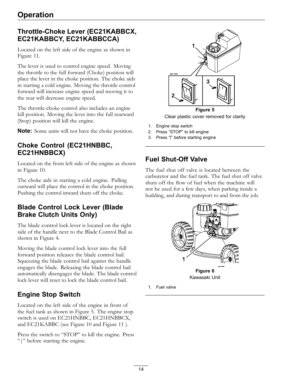 Operation, Choke control (ec21hnbbc, ec21hnbbcx), Engine stop switch | Fuel shut-off valve | Exmark Commercial 21 850 User Manual | Page 14 / 40