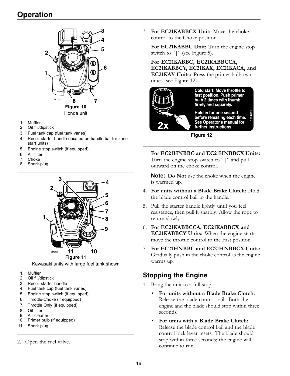 Figure 11, Figure 10, Operation | Stopping the engine | Exmark Commercial 21 850 User Manual | Page 16 / 40