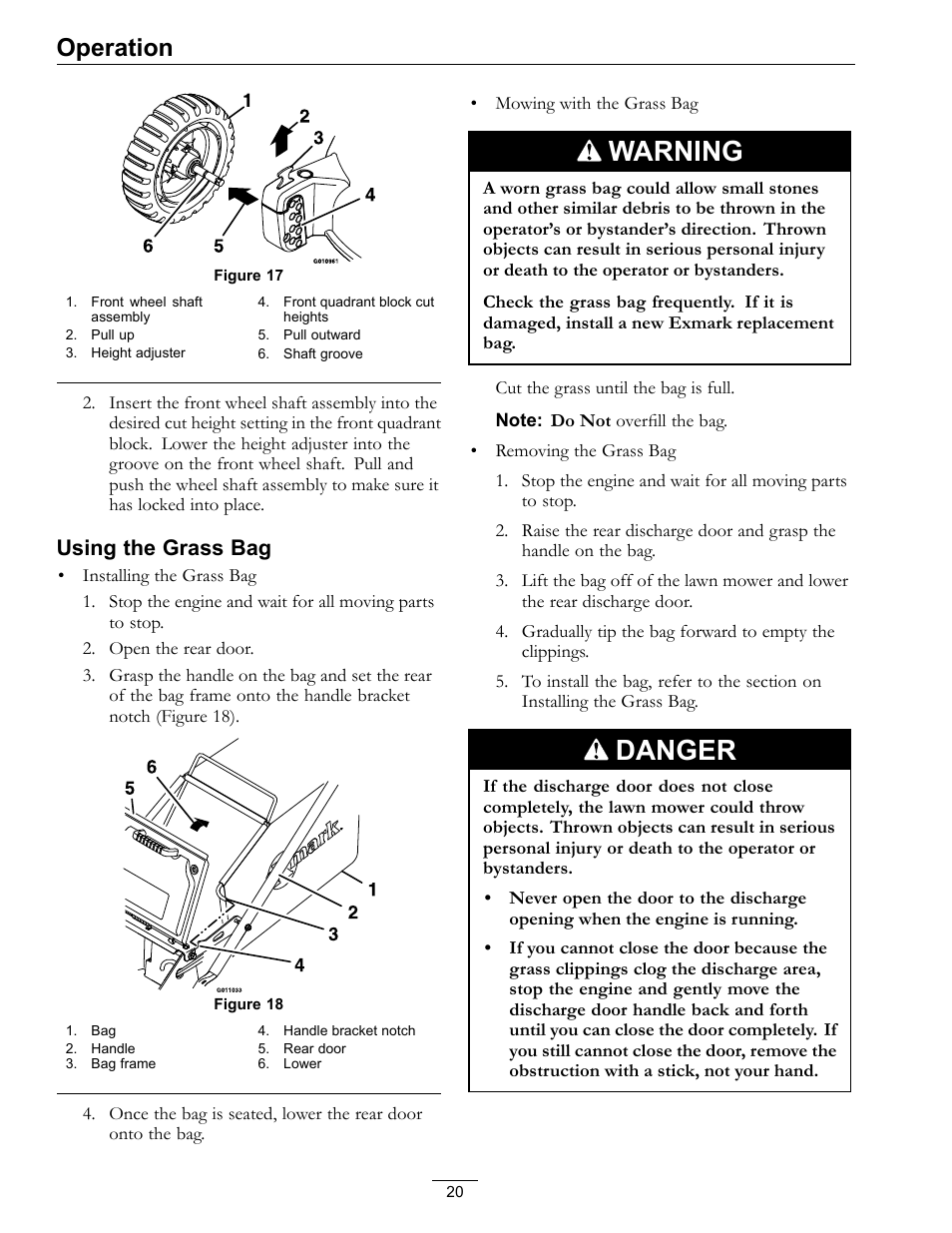 Figure 17), Warning, Danger | Operation, Using the grass bag | Exmark Commercial 21 850 User Manual | Page 20 / 40