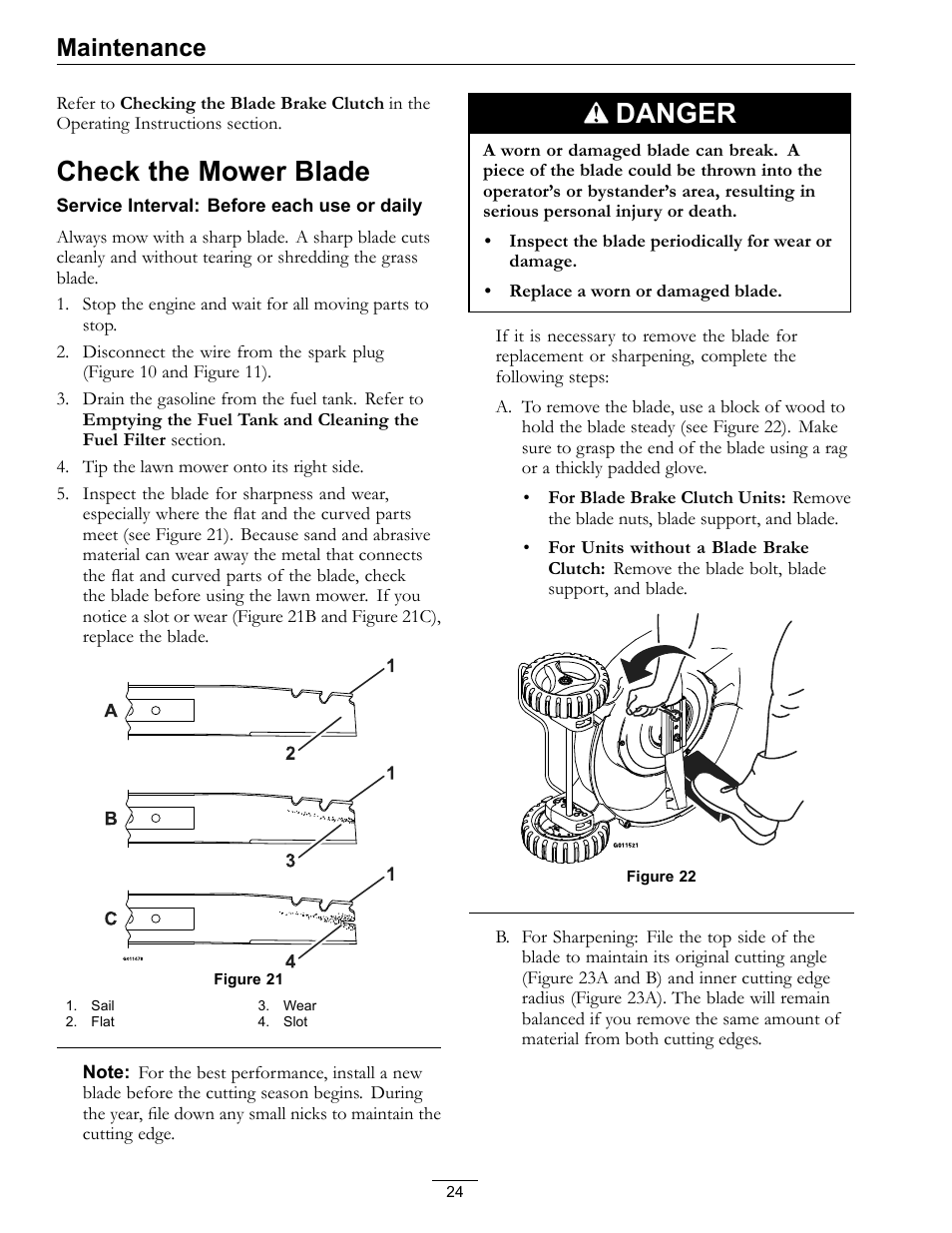 Check the mower blade, Danger, Maintenance | Exmark Commercial 21 850 User Manual | Page 24 / 40