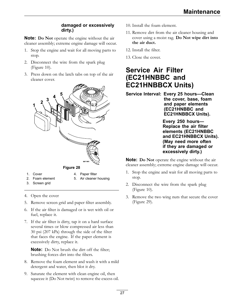 Service air filter (ec21hnbbc and, Ec21hnbbcx units), Maintenance | Exmark Commercial 21 850 User Manual | Page 27 / 40