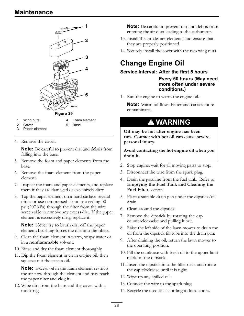 Change engine oil, Warning, Maintenance | Exmark Commercial 21 850 User Manual | Page 28 / 40